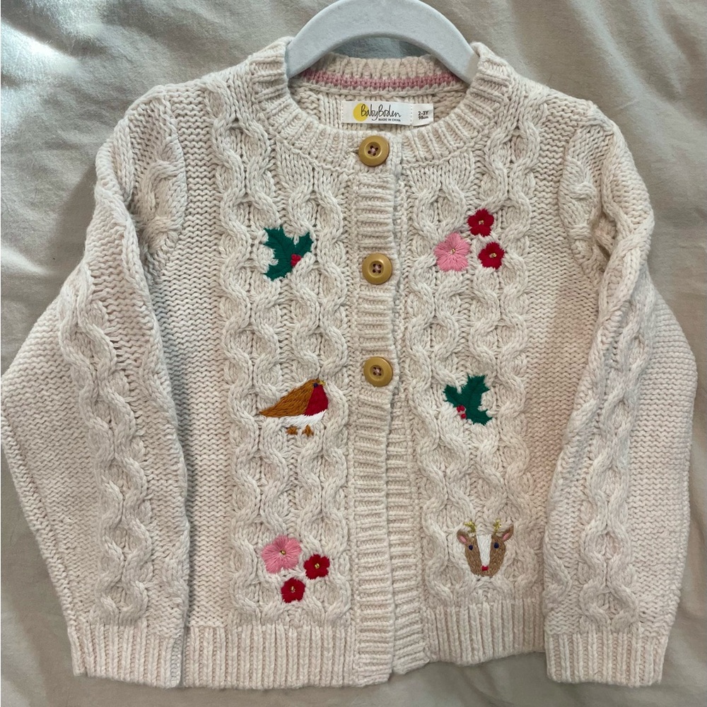 Boden Kids Holiday Cream Cable Knit Cardigan NWOT
